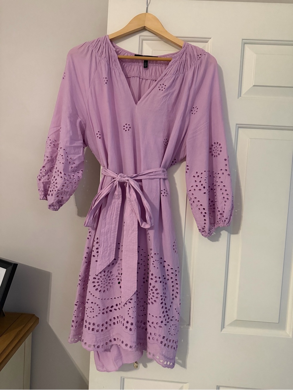 White House Black Market Lavender Eyelet Midi Dress with Tie
